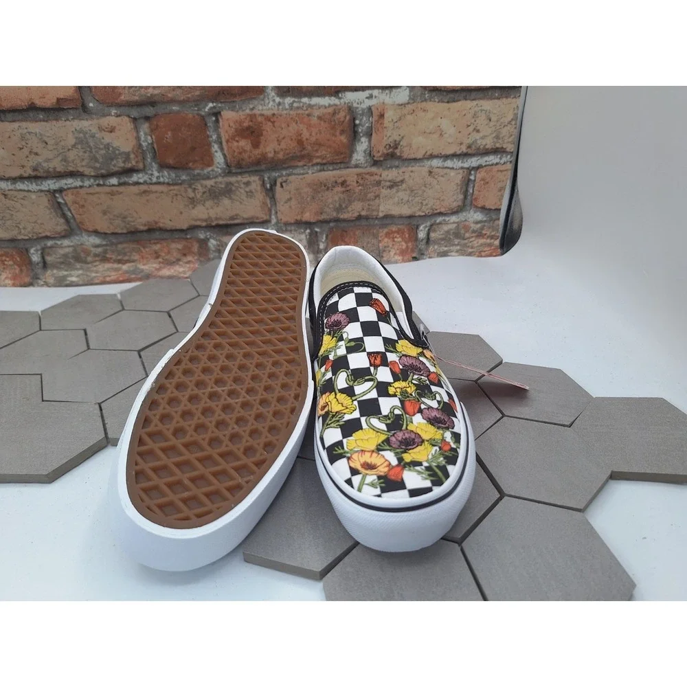 Vans  Classic Slipon Poppy Checkerboard Flower Women Sz 7 Lifted Platform 1.5 in - Picture 8 of 12